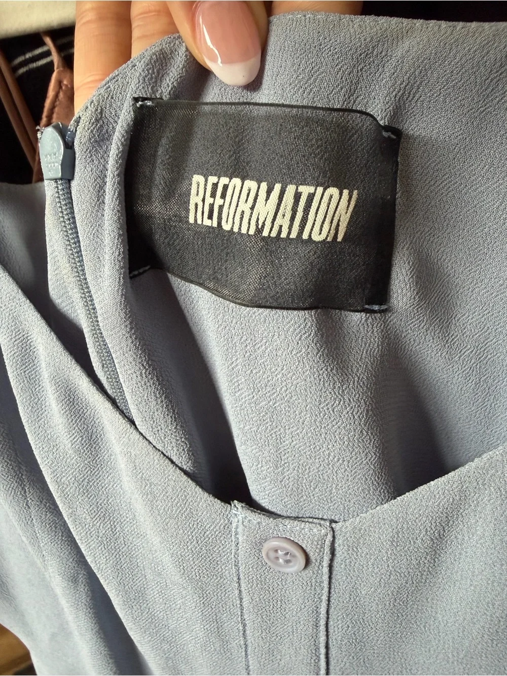 Reformation Off-Shoulder Button-Front Dress in Dusty Blue - Picture 6 of 7